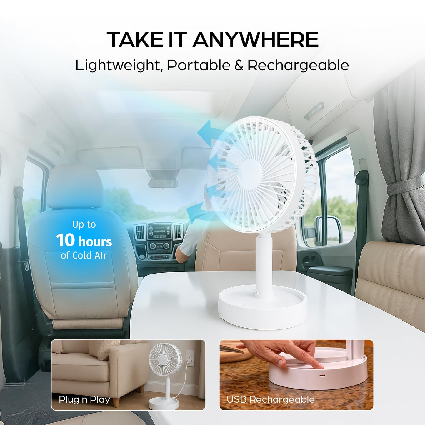 My Foldaway Rechargeable Fan Portable, Portable Fan Extends from 4-40", Travel Fan for Sleeping, Collapsible Desk Fan, Quiet, 10 Hour Battery Life, 3
