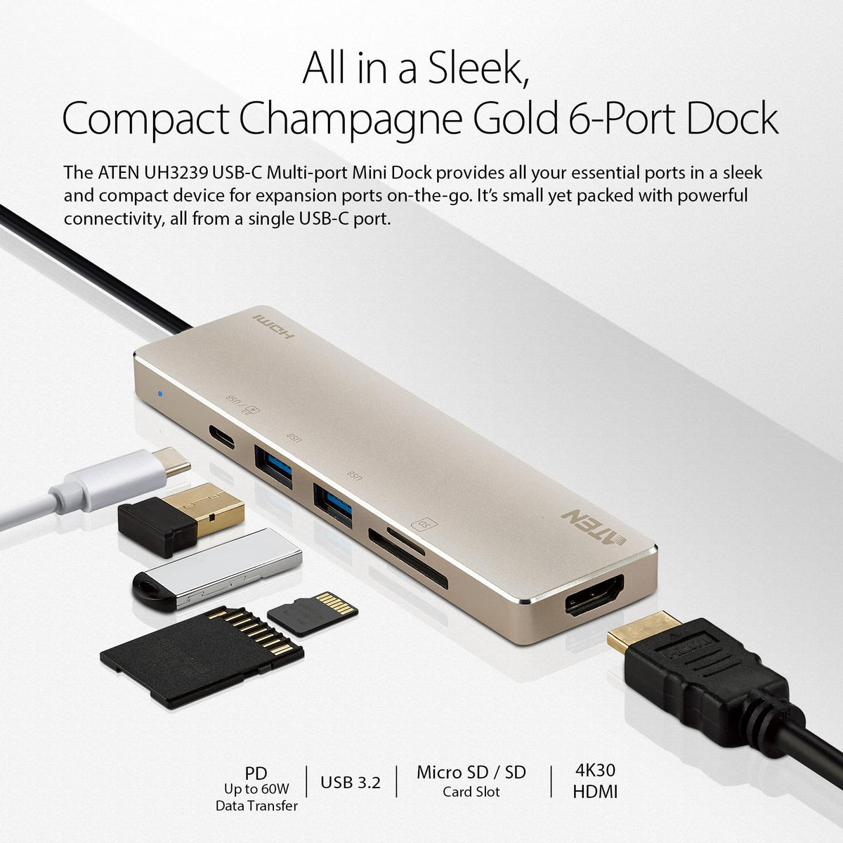 ATEN UH3239 4K 6 Ports USB C 6-in-1 Portable Mini Docking Station USB C Port Thunderbolt 3, HDMI, SD, Micro SD Card, USB 3.2 60W PD 2.0 for Laptop