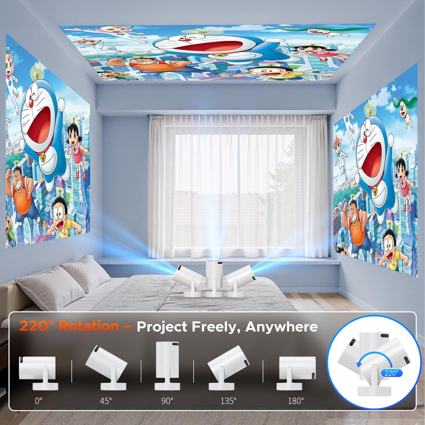 Mini Projector with WiFi and Bluetooth, Smart Portable Movie Projector 4K Support, 300 ANSI, 5W Base Speaker, 220° Rotation, Auto Vertical Keystone