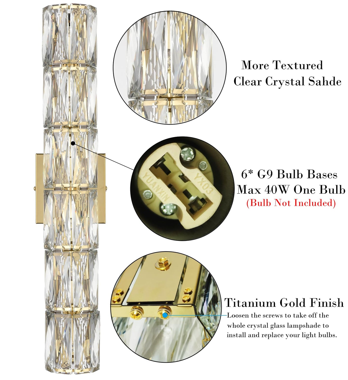 SAMTEEN 24-Inch Crystal Wall Sconce Gold Sconces Wall Lighting Mid-Century Modern 6-Light Luxury Brass Glass Wall Light Fixture for Bedroom Hallway