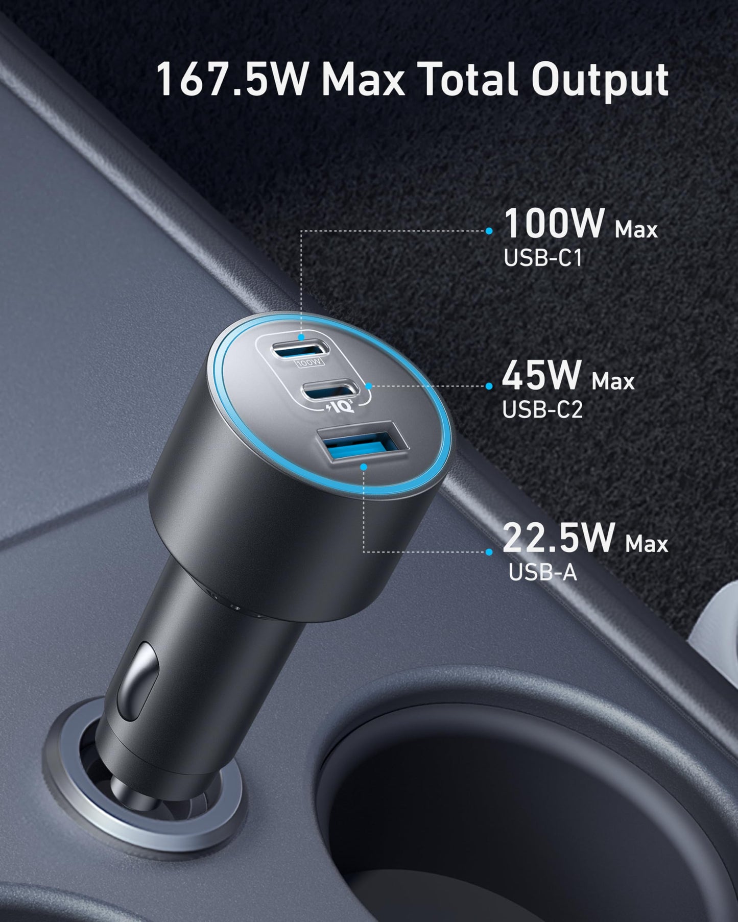 Anker iPhone 17 USB-C Car Charger, 167.5W Max 3-Port Ultra-Compact Type-C Fast Car Charger for MacBook Pro/Air, iPhone 17/16/15 Series, Samsung