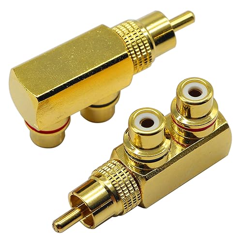 zdyCGTime RCA Splitter Adapter,90 Degree Right Angle RCA Male to 2 RCA Female Plug Audio Video Splitter Adapters Gold-Plated Metal Connector M/F(2