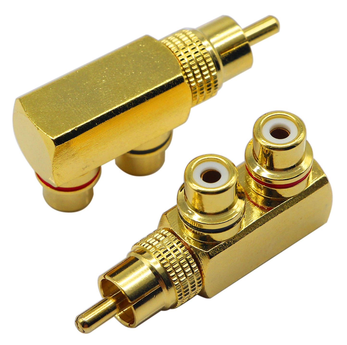 zdyCGTime RCA Splitter Adapter,90 Degree Right Angle RCA Male to 2 RCA Female Plug Audio Video Splitter Adapters Gold-Plated Metal Connector M/F(2