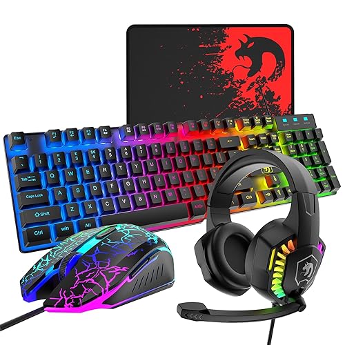 Wired Gaming Keyboard and Mouse Headset Combo,Rainbow LED Backlit Wired Keyboard,Over Ear Headphone with Mic,Rainbow Backlit Gaming Mice,Mouse Pad,for