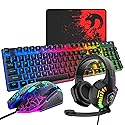Wired Gaming Keyboard and Mouse Headset Combo,Rainbow LED Backlit Wired Keyboard,Over Ear Headphone with Mic,Rainbow Backlit Gaming Mice,Mouse Pad,for