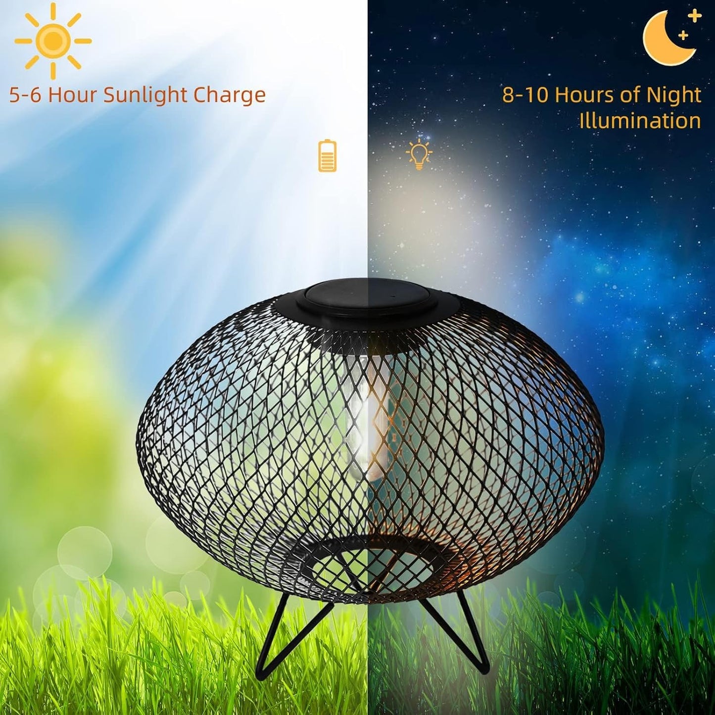 Solar Yard Set of 2 Outdoor Table Lamps with Metal Wire Shades & LED Lights, 8" Solar-Powered Modern Table Lights for Yard, Porch, Garden, or Pathway