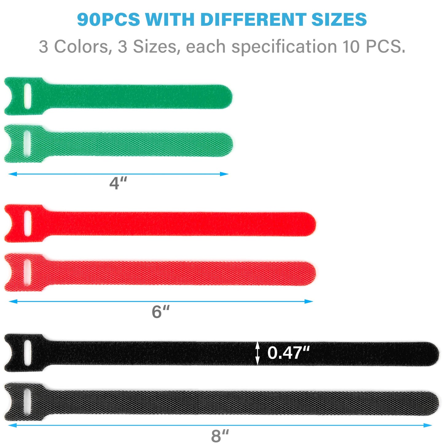 NBTORCH 90 PCS Reusable Cable Ties 4+6+8 Inch, Adjustable Hook and Loop Straps for Cord Organization, Wire Management - Home, Office, Garage