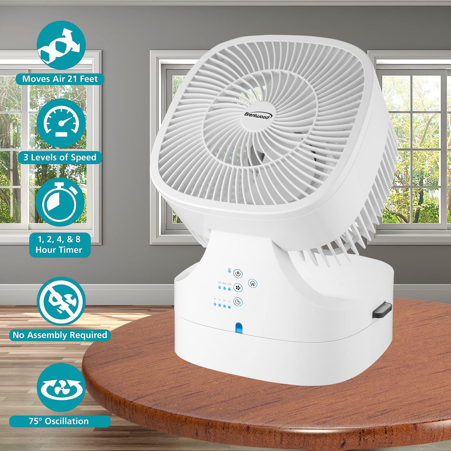 Brentwood 3-Speed Quiet Oscillating Air Circulator Desktop Fan White (8-Inch with Remote)