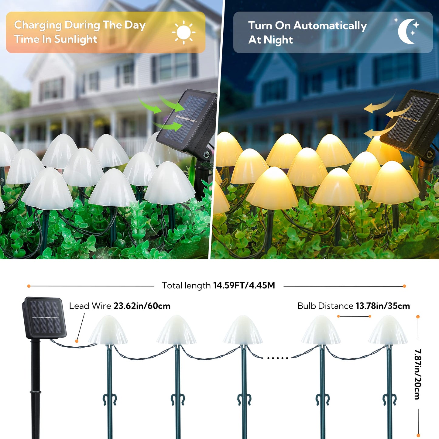Pellimo Solar Garden Lights, 12 LED 14.5ft Mini Mushroom Solar Lights Outdoor Waterproof, 2 Modes Lighted Mushroom Shaped Pathway Light for Patio Yard