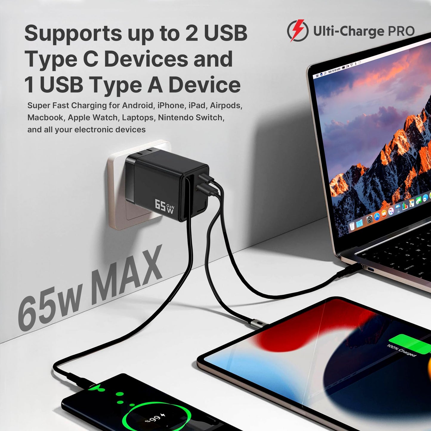 Ulti Charge Pro 65W USB C Charger with 25 Inch Retractable USB C Cable, Dual C/A Ports, Foldable Plug Travel Adapter for iPhone Galaxy Pixel iPad