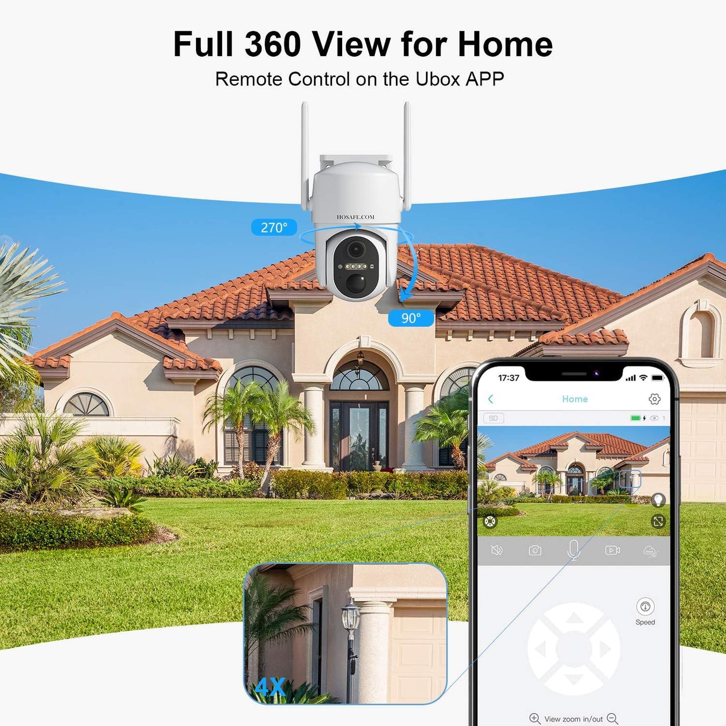 HOSAFE.COM Home Security Cameras Wireless Outdoor, Outdoor Camera Wireless WiFi, 360 Camera Solar Powered, PTZ, PIR Sensor, 2K HD Color Night Vision