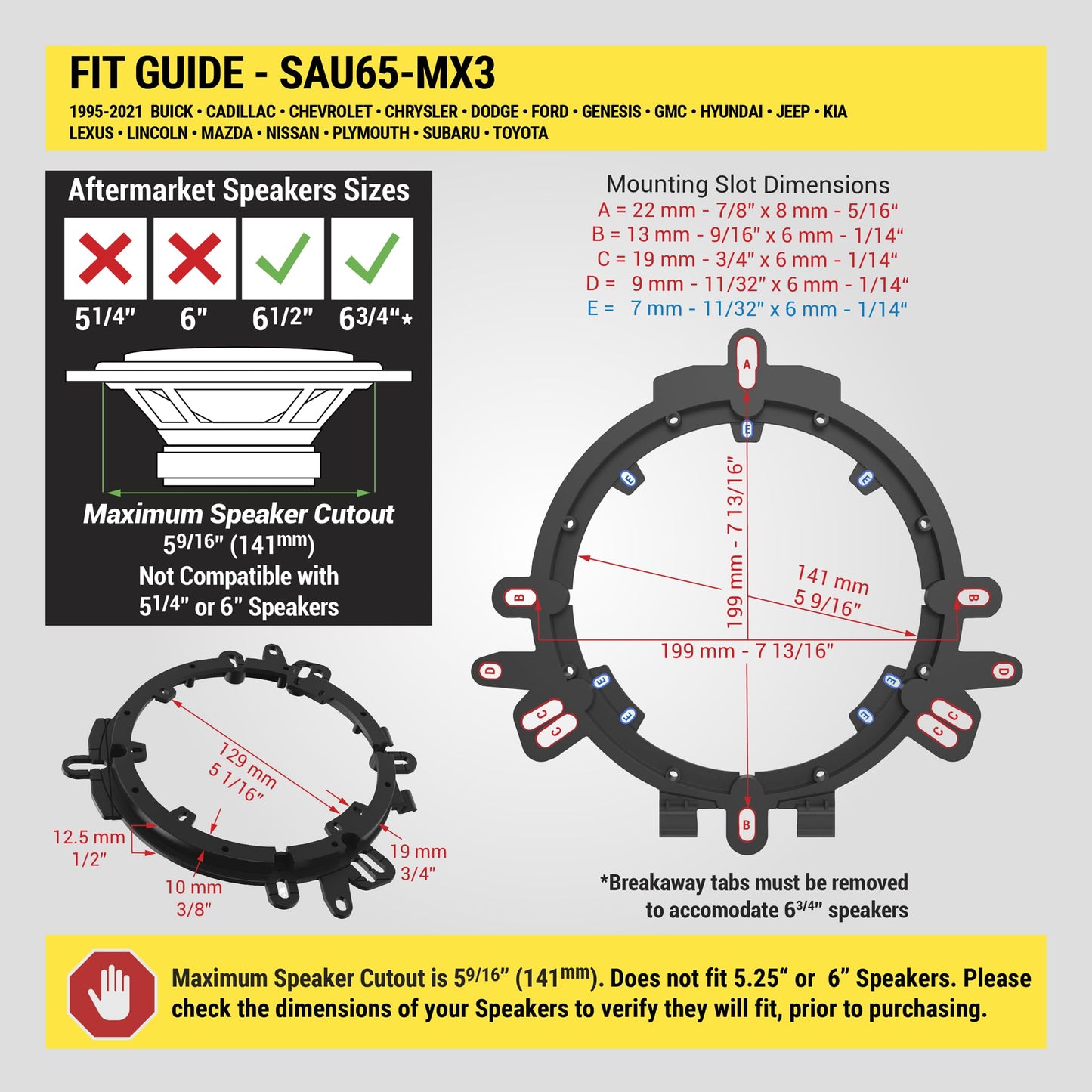 Scosche SAU65-MX3 6.5”-6.75” Speaker Adapters Compatible with Select 1995-2021 Vehicles - 6 1/2" to 6 3/4" Adapter Spacer for Car Door Speakers - Sold