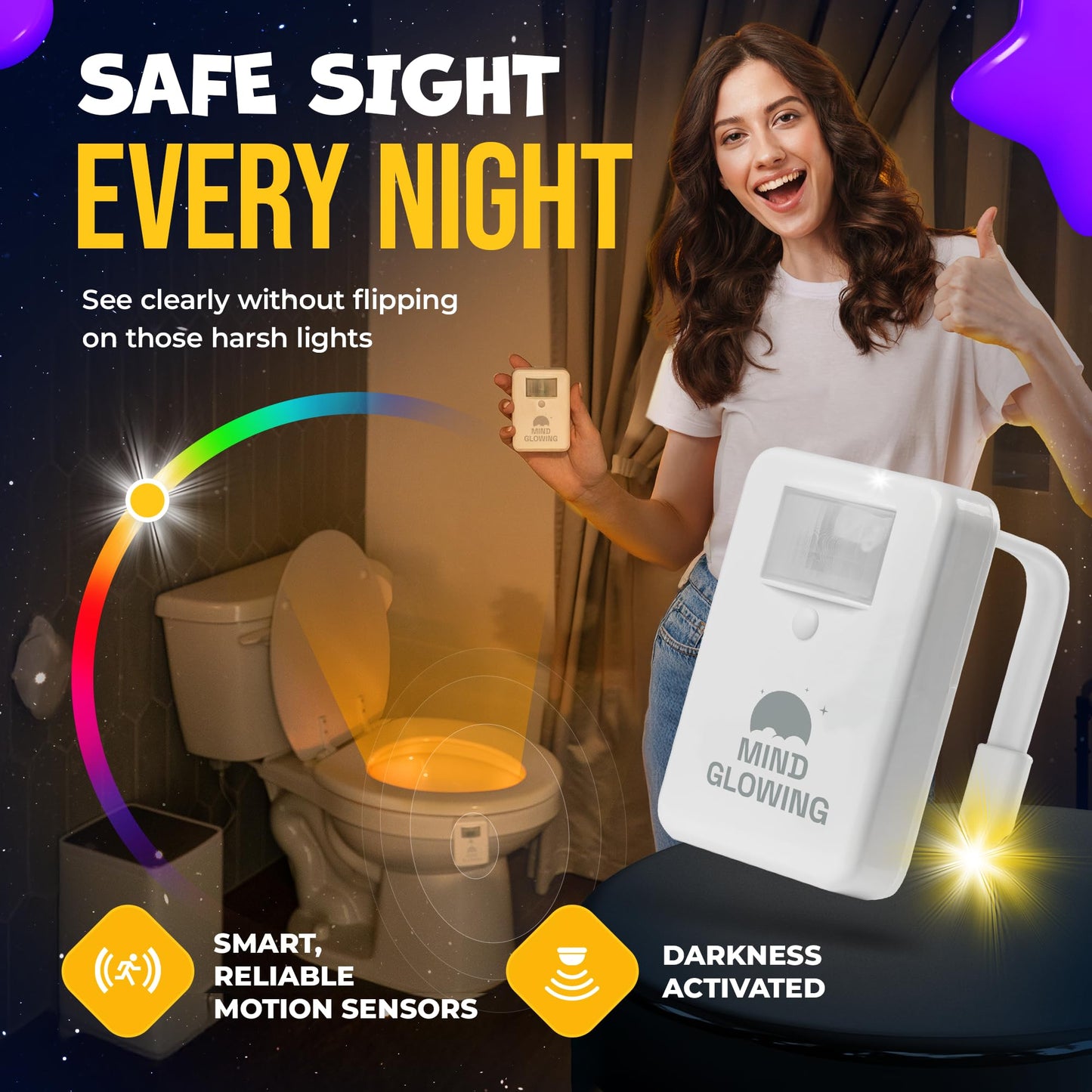 Mind-Glowing Toilet Light with Motion Sensor - Toilet Bowl Night Light with Color Changing LED, Dimmer - Funny Gag Gift for Men, Women, Dad, Mom