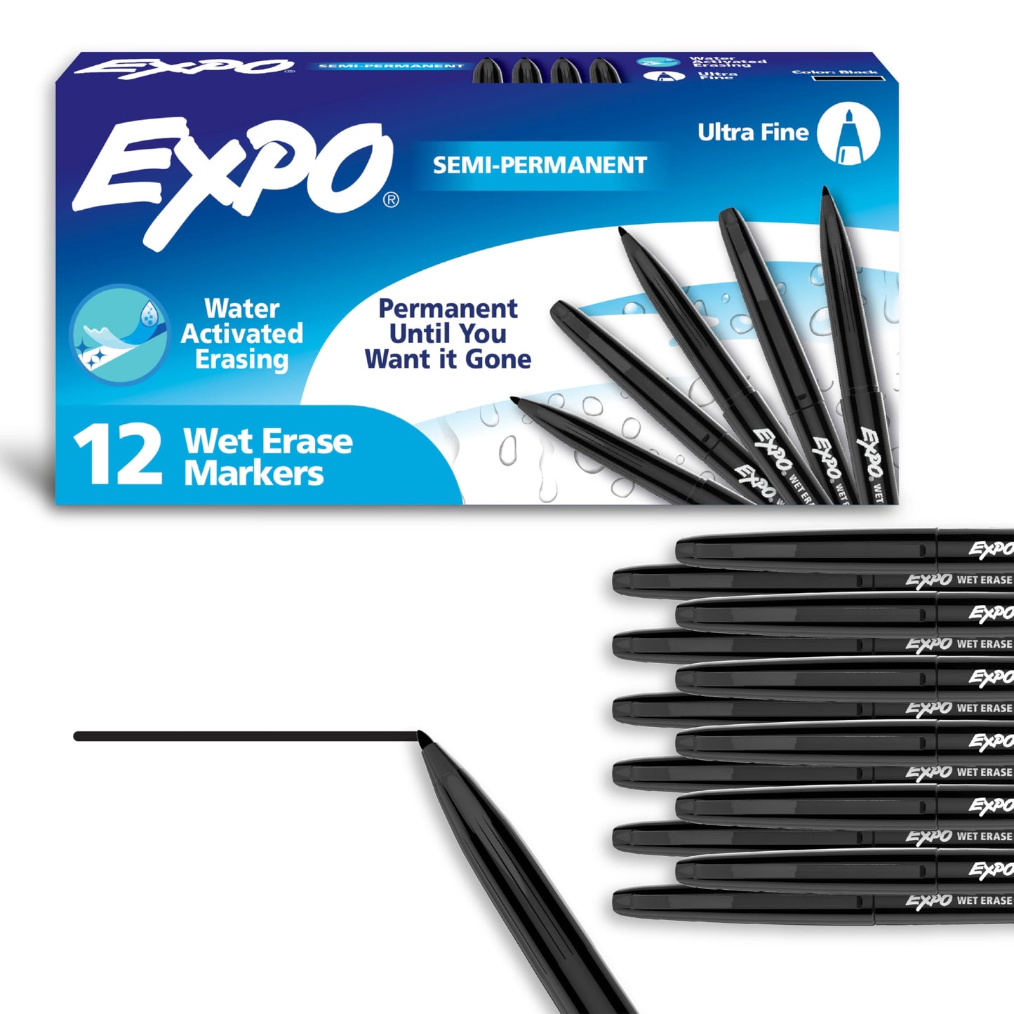 EXPO Wet Erase Markers, Semi-Permanent, Black, Ultra Fine Tip, 12 Count - For Writing on Glass, Whiteboards, Mirrors, Calendar, Labeling, Organizing