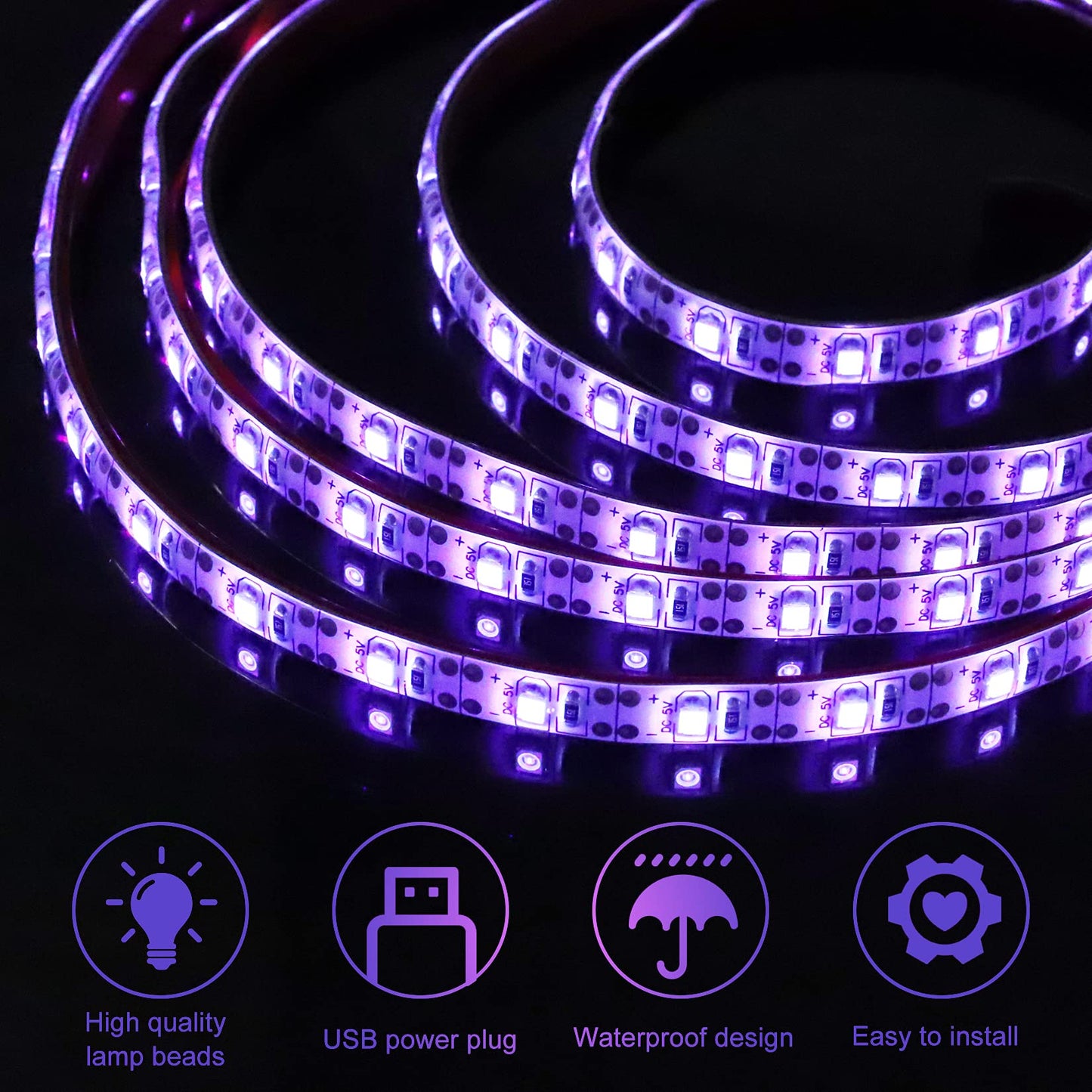 UV Light Strip USB UV Black Light Strip DC5V 390nm-400nm 6.56FT/2M SMD 3528 120LEDs IP65 Waterproof Super Bright LED Strip Lights, for Fluorescent