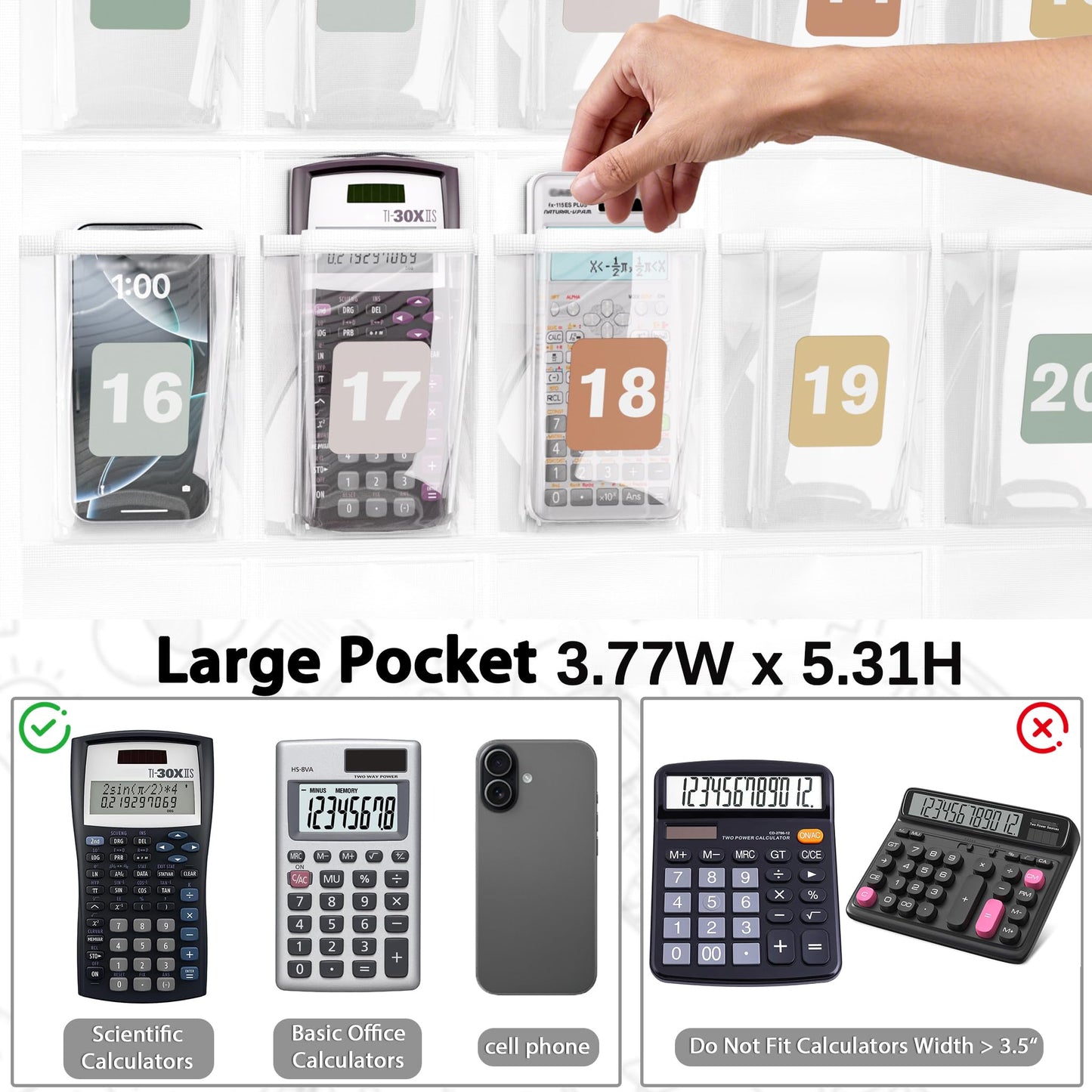 30-Pocket Calculator Holder for Classroom, Hanging Calculator Pocket Chart with Clear PVC Pockets & Numbered Stickers, Calculator Storage Organizer