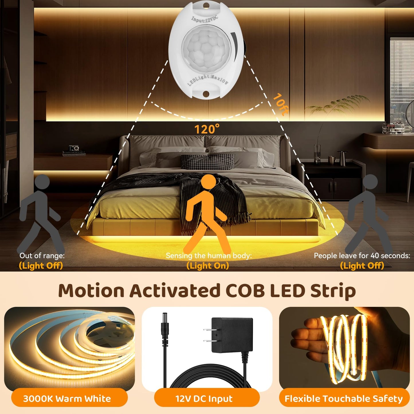 Taormey Motion Activated COB LED Strip Bed Lights, 2 x 6.56Ft Warm White COB LED Strip Motion Sensor Under Bed Lights,12V Dimmable Motion Sensor Night
