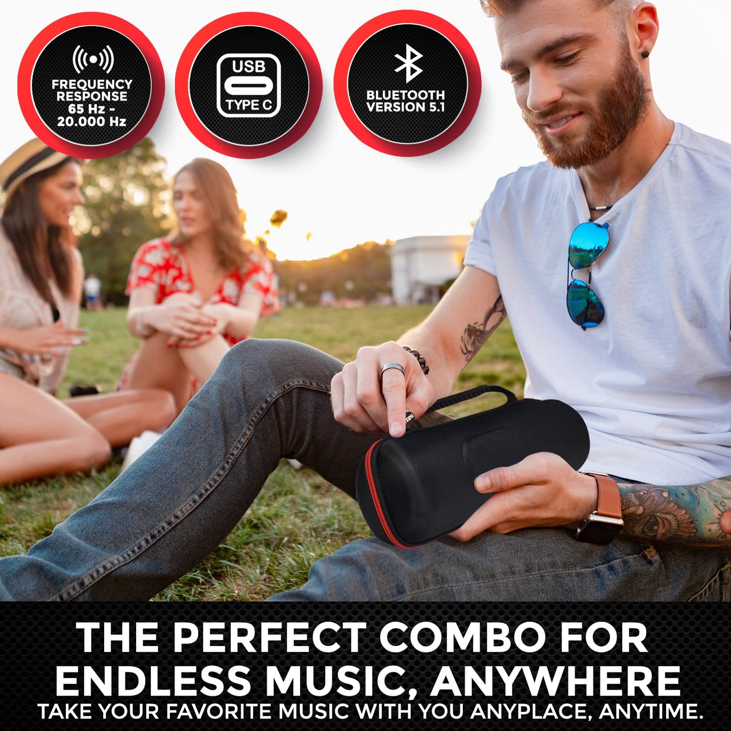 JBL Charge 5 Portable Waterproof Wireless Bluetooth Speaker Bundle with Portable Hard Carrying Protective Case - Red