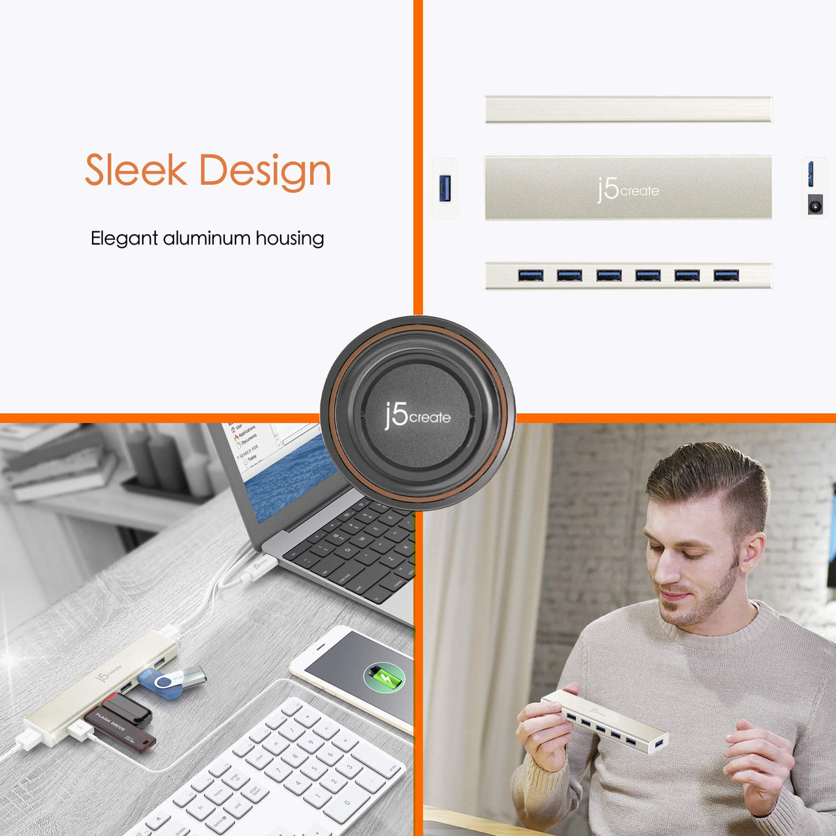 j5create USB Type-C to 7-Port USB 3.0 Data Hub with 3 ft Extended Cable