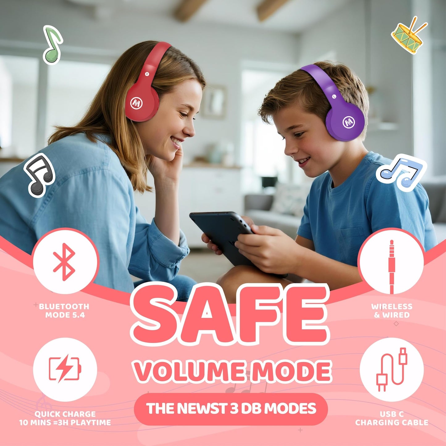 Mokata Headphones Kids Bluetooth 5.4 Wireless Play Time 68H Safe Volume Limit 85/94dB Over-Ear Foldable Headset,Fast Charging,with Aux Cord Built-in…