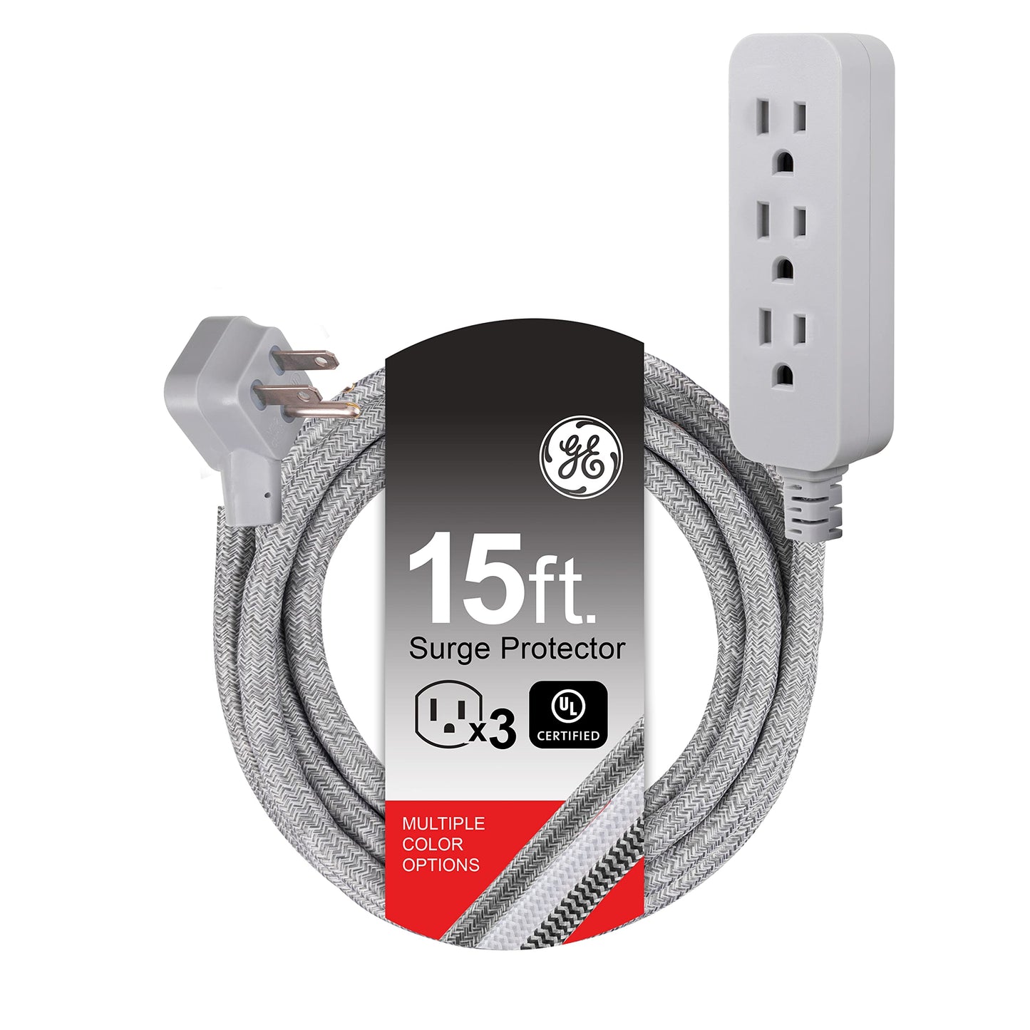 GE Pro 3 Outlet Surge Protector Power Strip, 15 Ft Designer Braided Extension Cord, Flat Plug, Wall Mount, Heather Gray, 45915