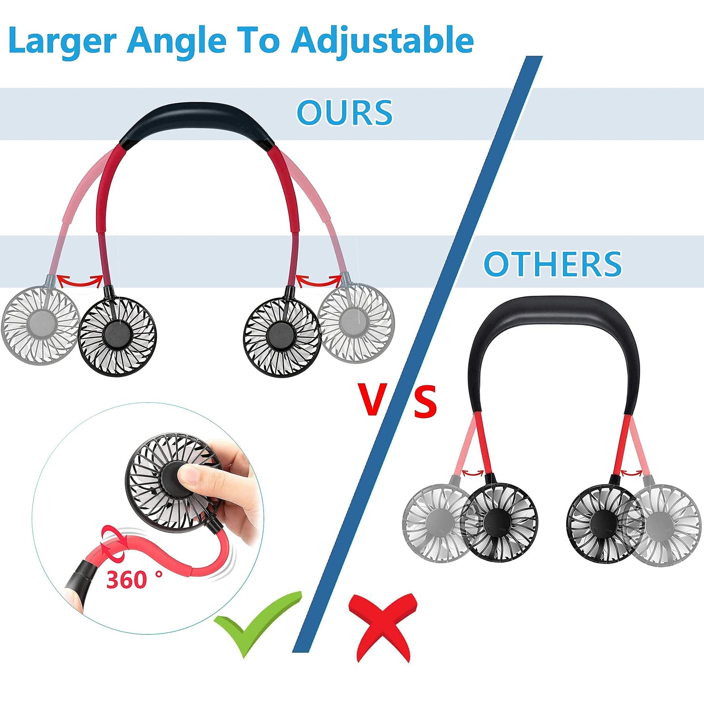 YABEY Hands Free Portable Personal Fan - Rechargeable Mini USB Neck Fan ,Wearable Neckband Fan 3 Level Air Flow, 7 LED lights for Home Office Travel