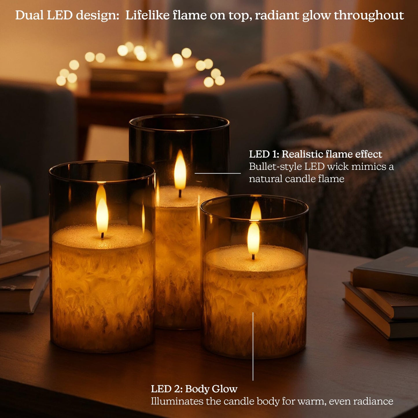 WYZworks Dual LED Full Body Glow w/Metallic Mirrored Tinted Glass Mottled Crystallized Frosted Texture Pillar Candles, 3D Wick, Flicker Flame, Battery