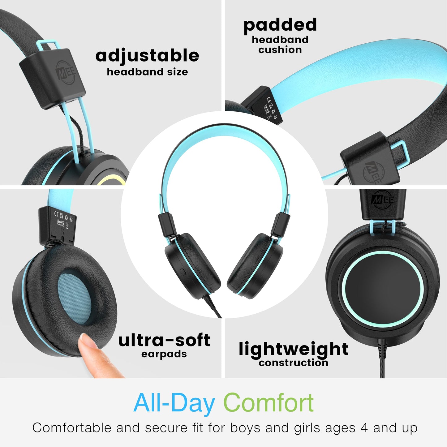 MEE audio KidJamz KJ55 USB-C Headphones for Kids w/LED Lights, Volume Limiter, Microphone On-Ear Wired Children's Headset for iPhone 15/16/17, iPad