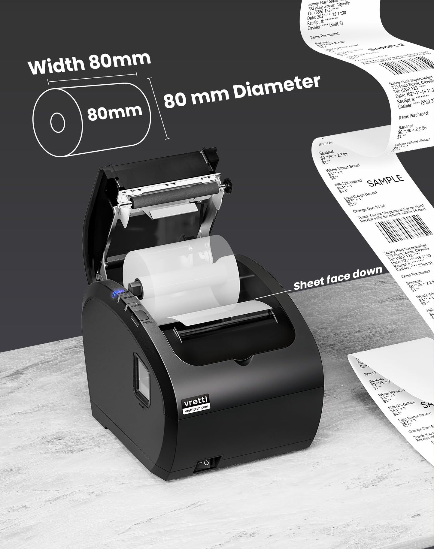 vretti Thermal Receipt Printer, 3'1/8 80mm USB POS Printer, Restaurant Kitchen Printer with Auto Cutter Support Cash Drawer,USB Serial Ethernet
