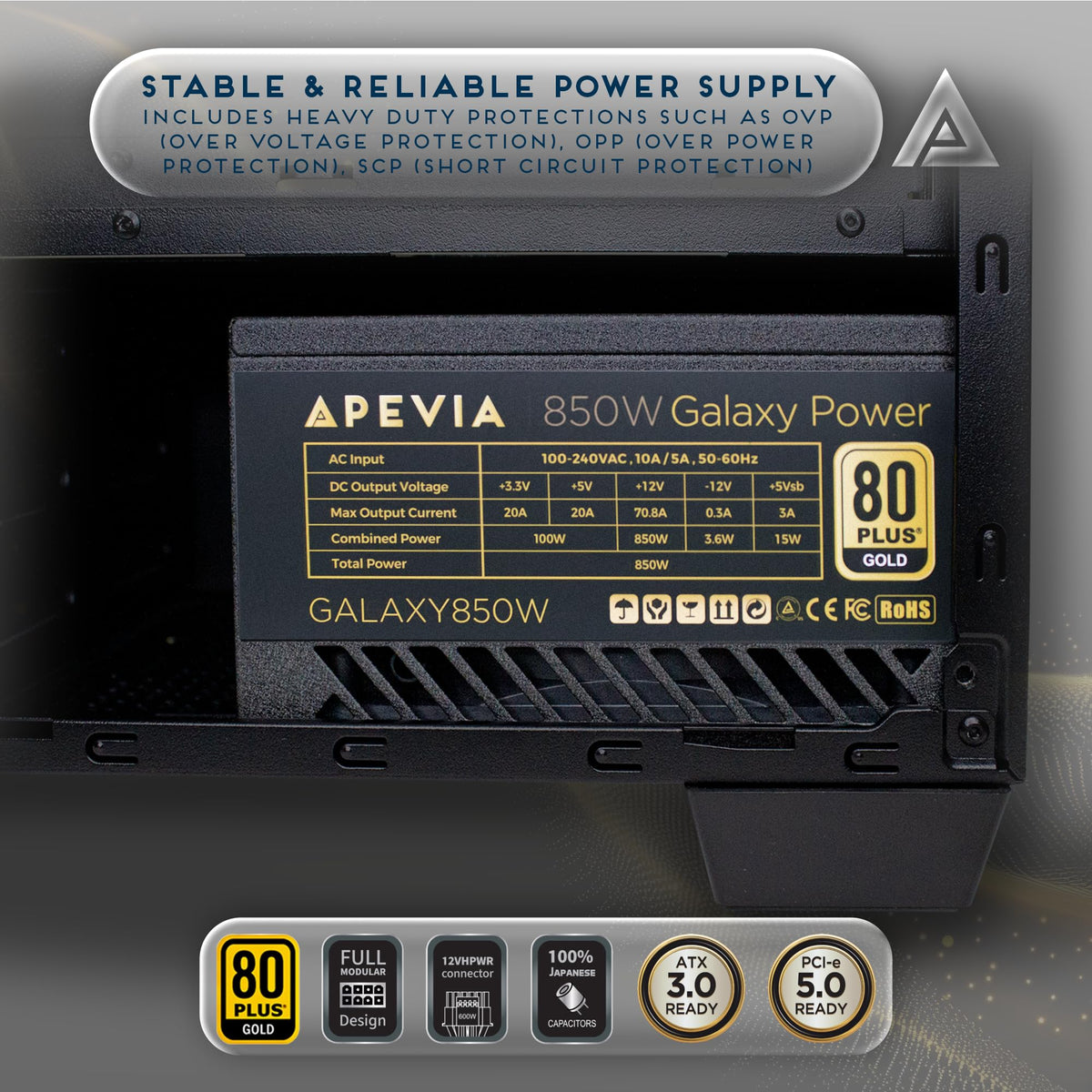 Apevia Galaxy 850W 80+ Gold ATX 3.1 Fully Modular Gaming PSU, PCIe 5.1 600W 12VHPWR, Japanese Caps, Silent 135mm FDB Fan, Stable +12V Rail, PSU