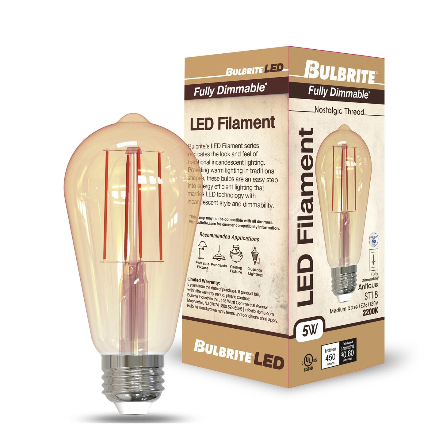 Bulbrite 776801-5W LED ST18, 2200K Filament Nostalgic Fully Compatible Dimming Light Bulb (4 Pack)