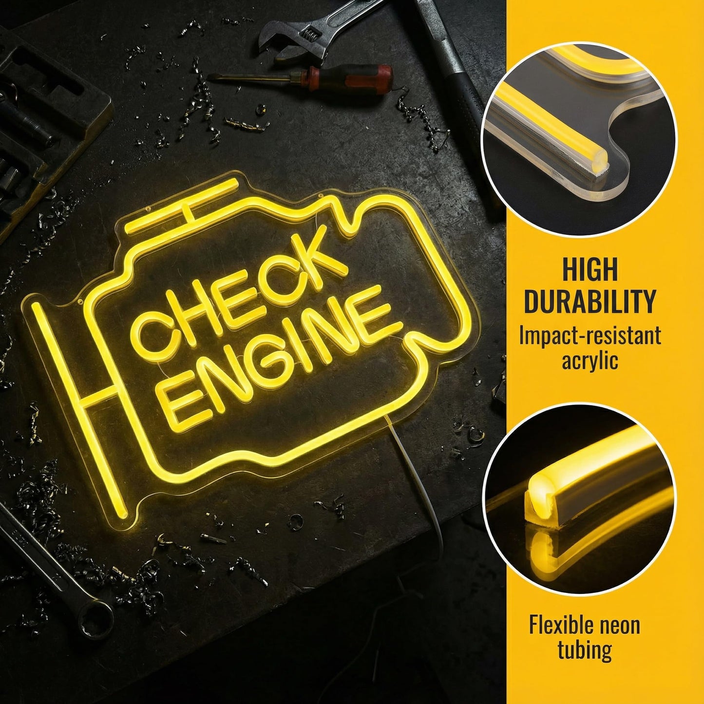 Check Engine Light Neon Sign for Man Cave & Garage, Large Size LED Wall Art, USB Powered, Funny Gift for Dad, Car Guys on Birthday & Father‘s Day