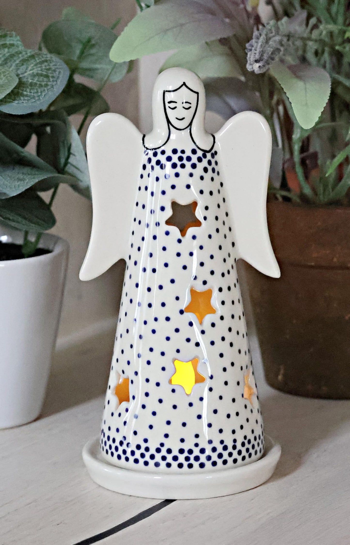 Blue Rose Polish Pottery - Blue Small Dots Small Angel Luminary - 6.25" Tall - Hand-Painted Polish Pottery Holiday Candle Holder, Unique Christmas