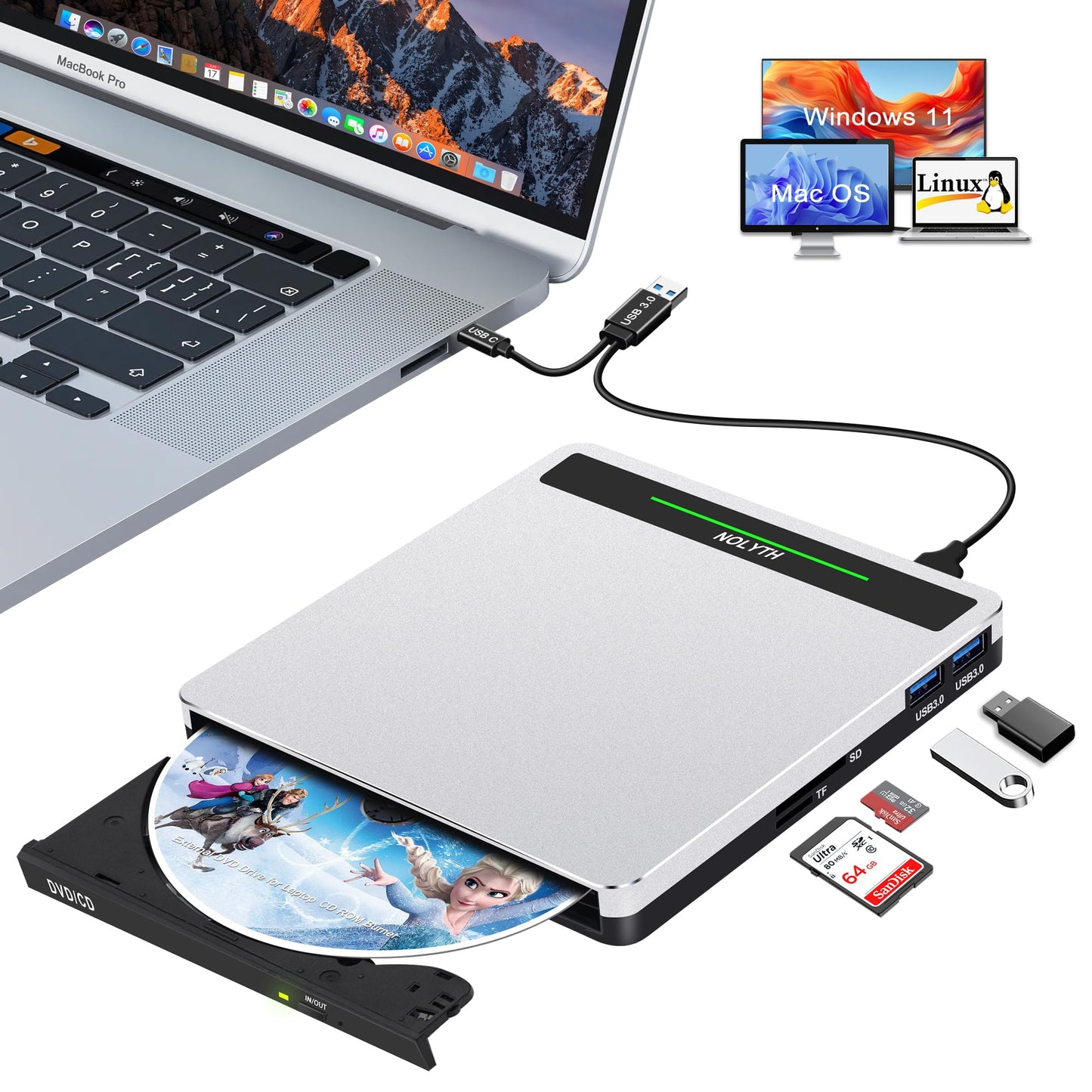 NOLYTH External CD Drive for Laptop: Portable USB3.0 DVD ROM Burner - Optical USB C CD/DVD Player with SD/TF/2 USB Ports Compatible with Apple Mac