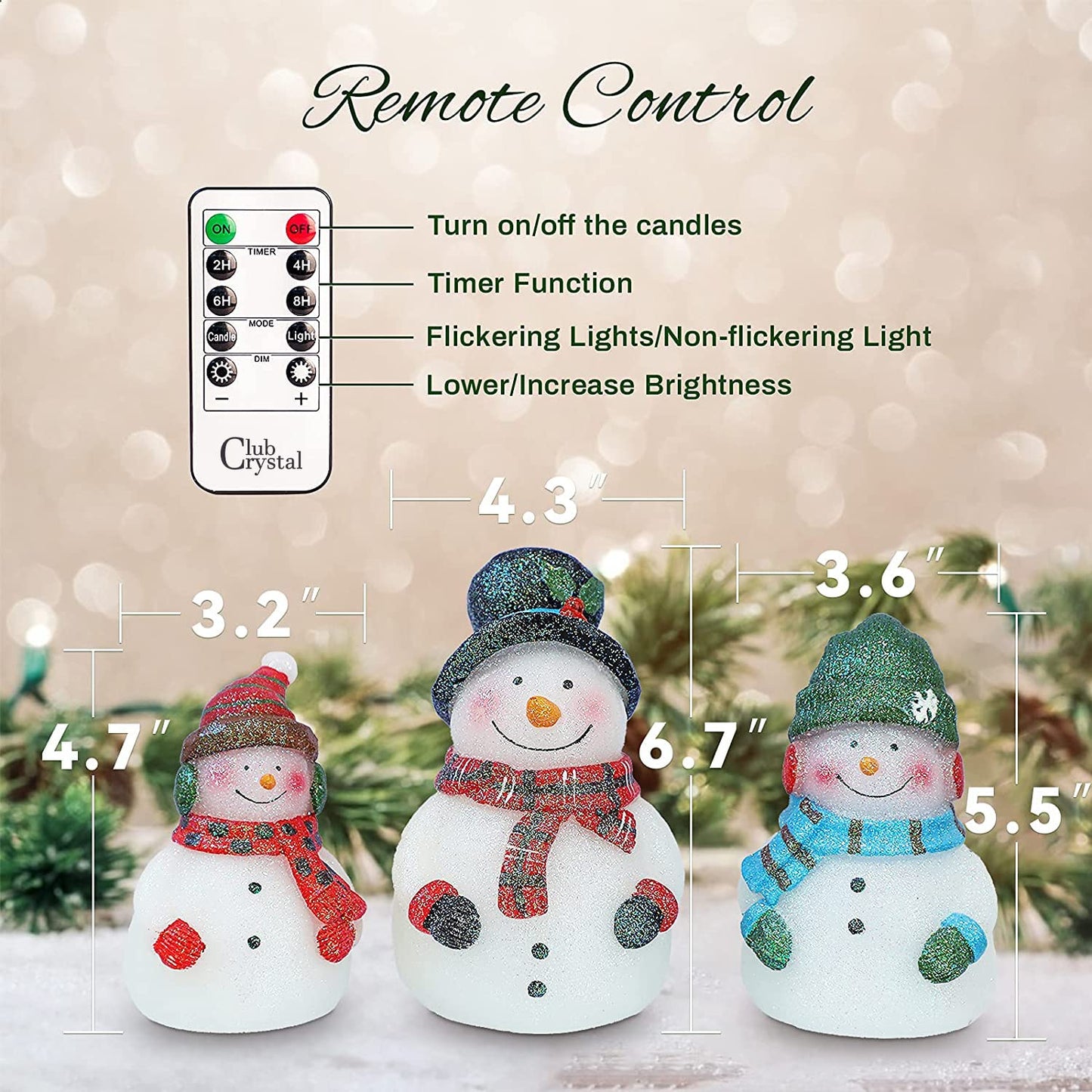 Crystal Club Christmas Flameless Candles, Set of 3 Santa Snowman Real Wax Candles, Battery Operated LED Candles with Remote and Timer for Christmas