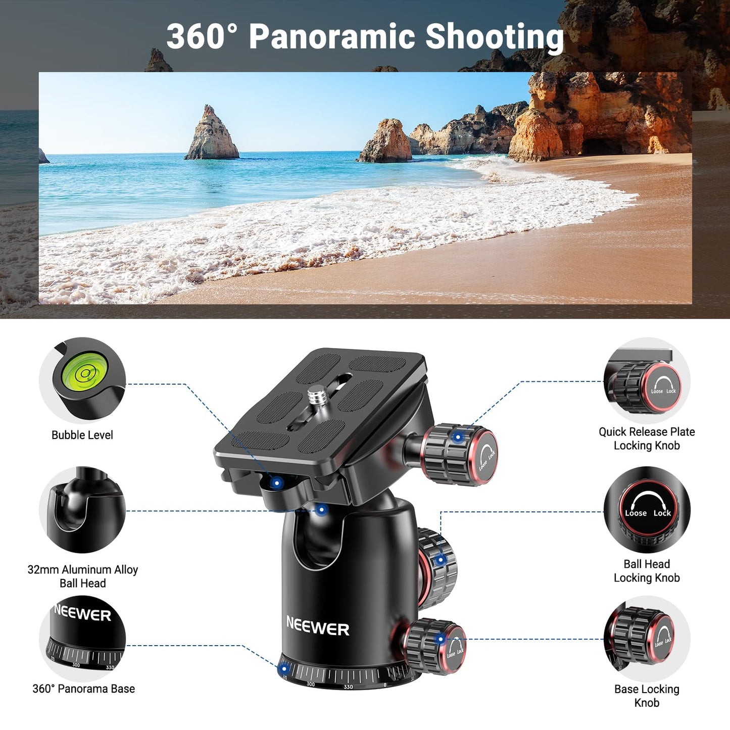 NEEWER 90 Inch Tall Overhead Horizontal Camera Tripod Monopod with Ball Head & Flexible Center Column, Metal DSLR Video Travel Stand, Arca Type QR