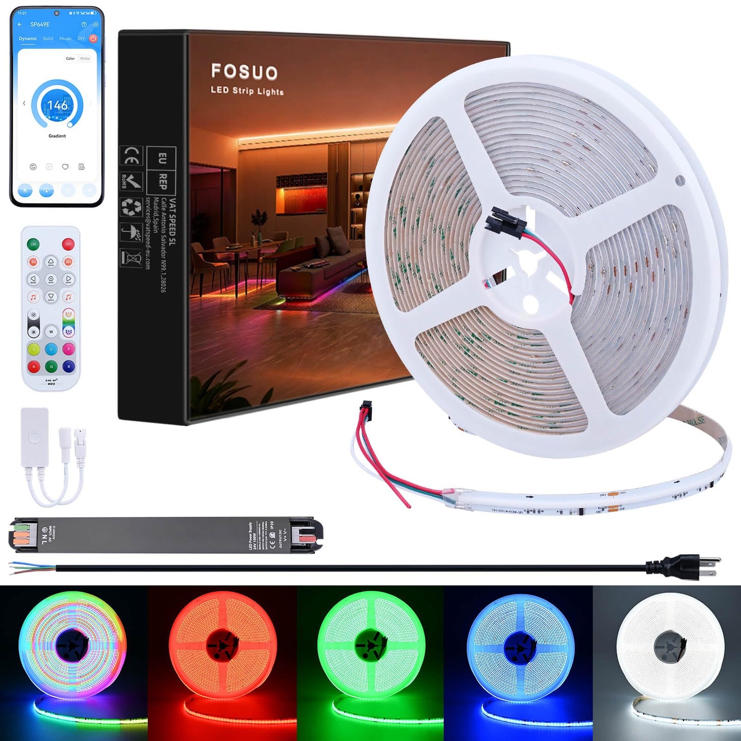 FOSUO RGBW IC COB LED Strip Cool White 6000K 24V 32.8ft 7840LEDs WS2811 Addressable Color Changing Multicolor RGB+CW LED Tape Lights Kit