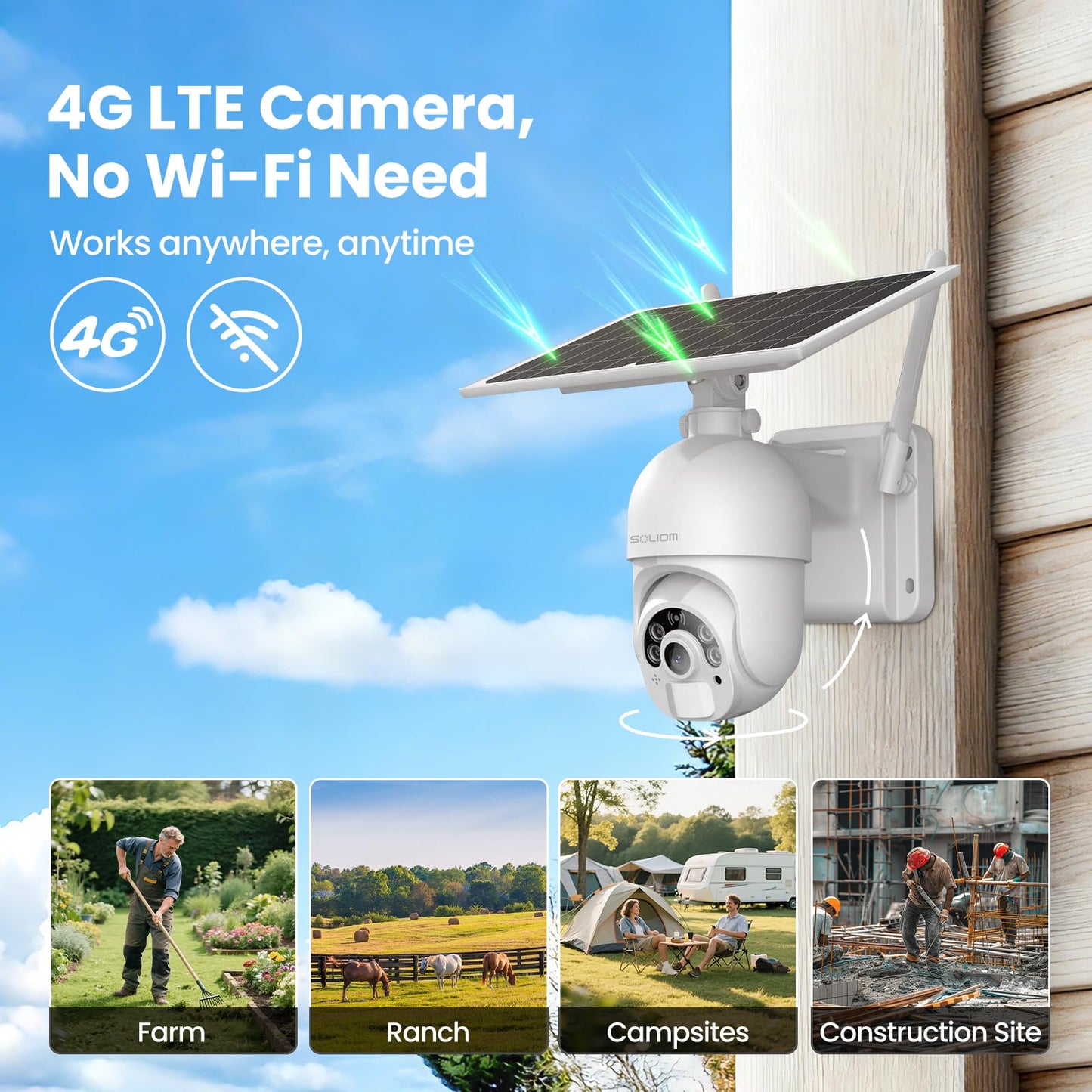 SOLIOM S800 4G LTE Cellular Security Camera Outdoor, No WiFi Solar Powered Camera for Home Security with SIM Card, 2K Color Night Vision, 360° View