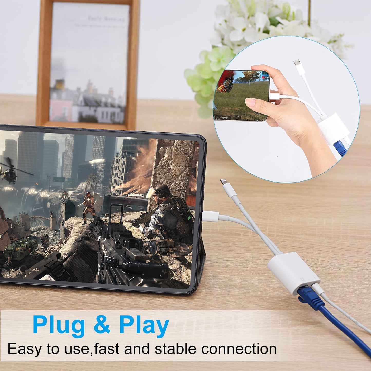 Lightning and USB C to Ethernet Adapter,2 in 1 RJ45 Ethernet LAN Network Adapter with Charge Port Compatible with iPhone/iPad/iPod/Samsung