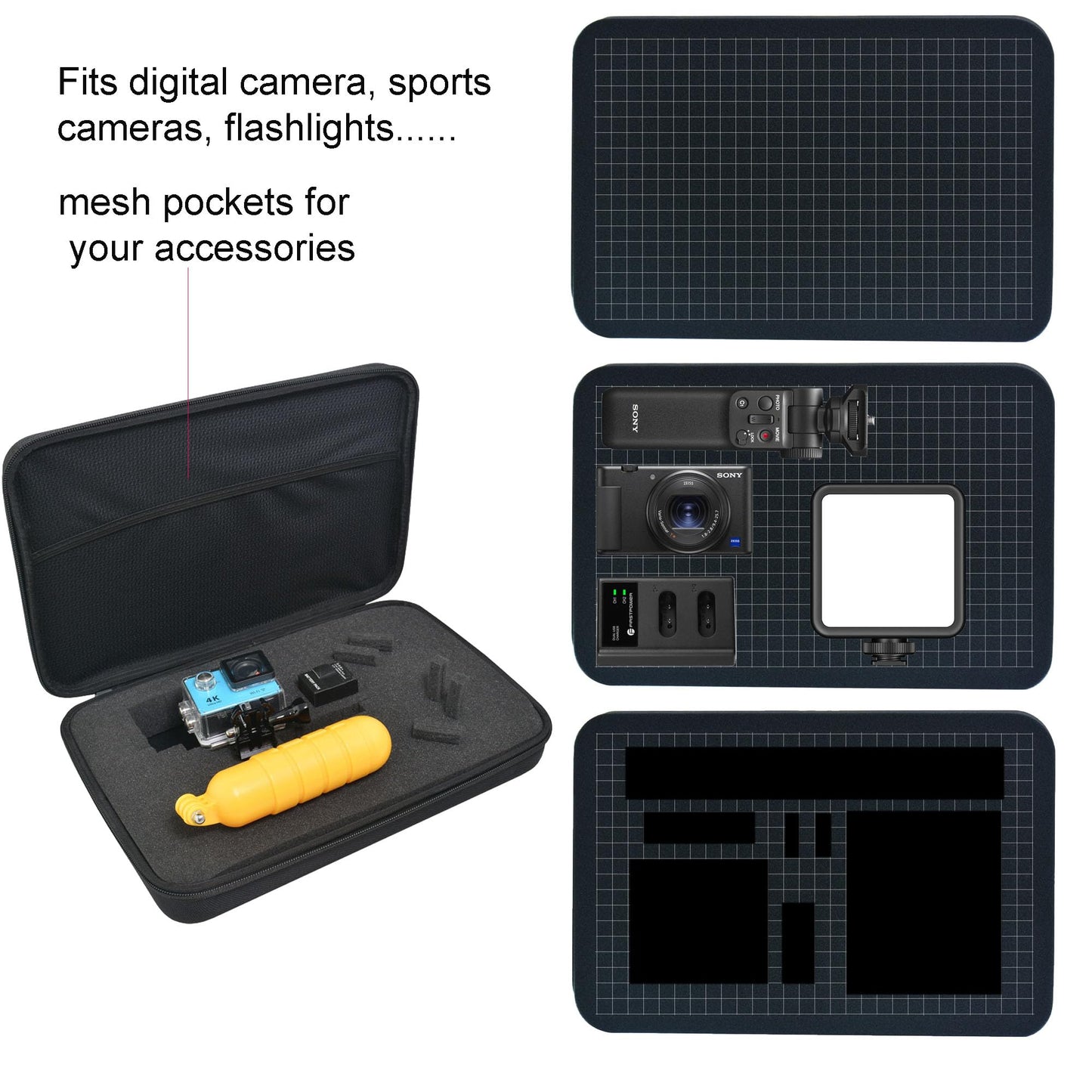 Large Carrying Case with Customizable Foam Protective Storage Case for Sports Camera SJCAM Monopole Accessories Yi 4K LCD SD Cards Batteries Feiyu