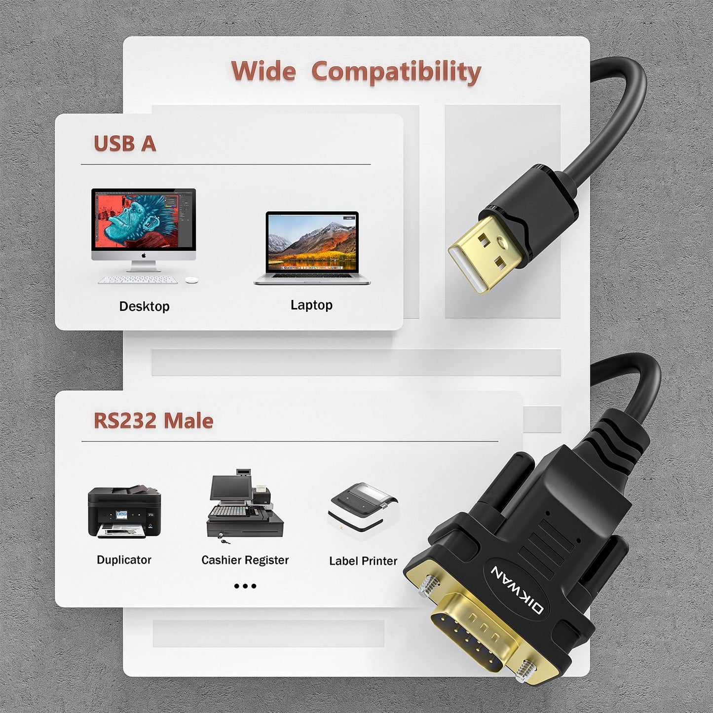 OIKWAN USB to RS232 Serial DB9 Male Cable, 2-Pack