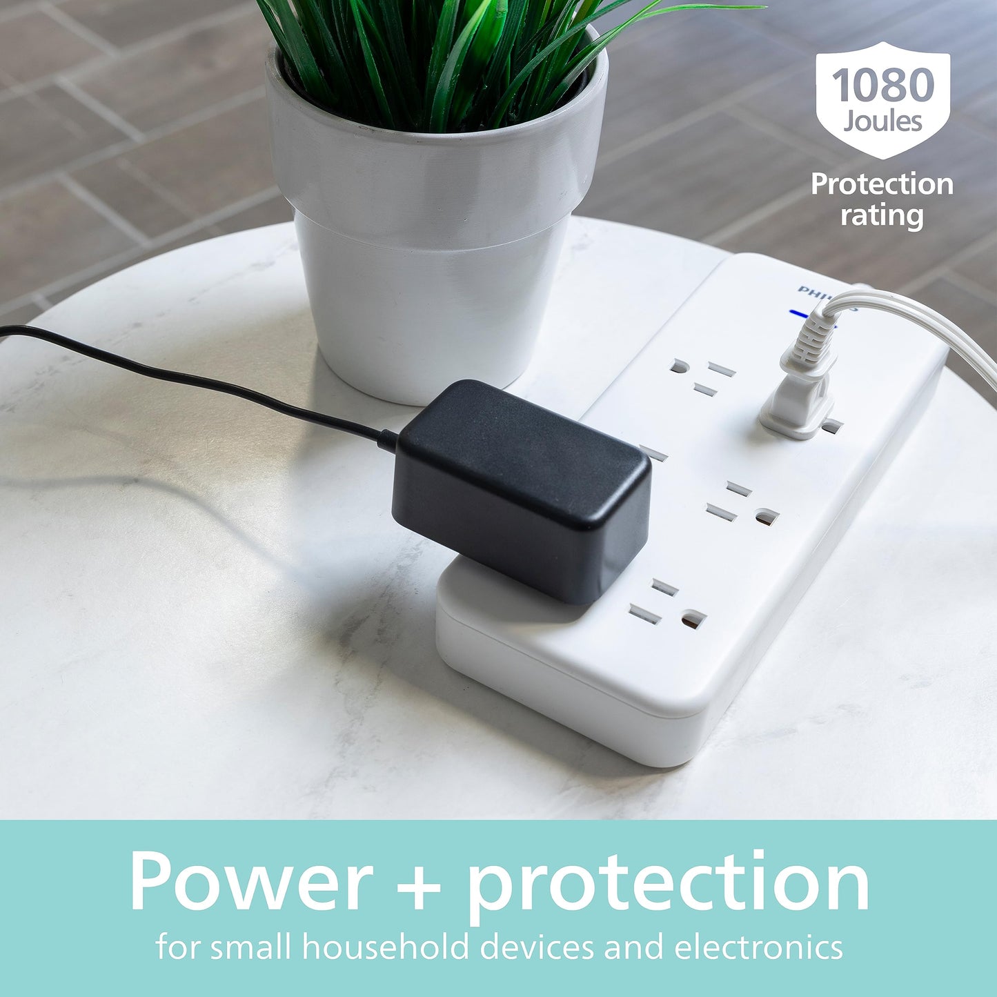 Philips 6-Outlet Surge Protector with Multiple Outlets, 8 Ft, Braided Cord,1080 Joules, Adapter-Spaced, White, SPC6066WB/37