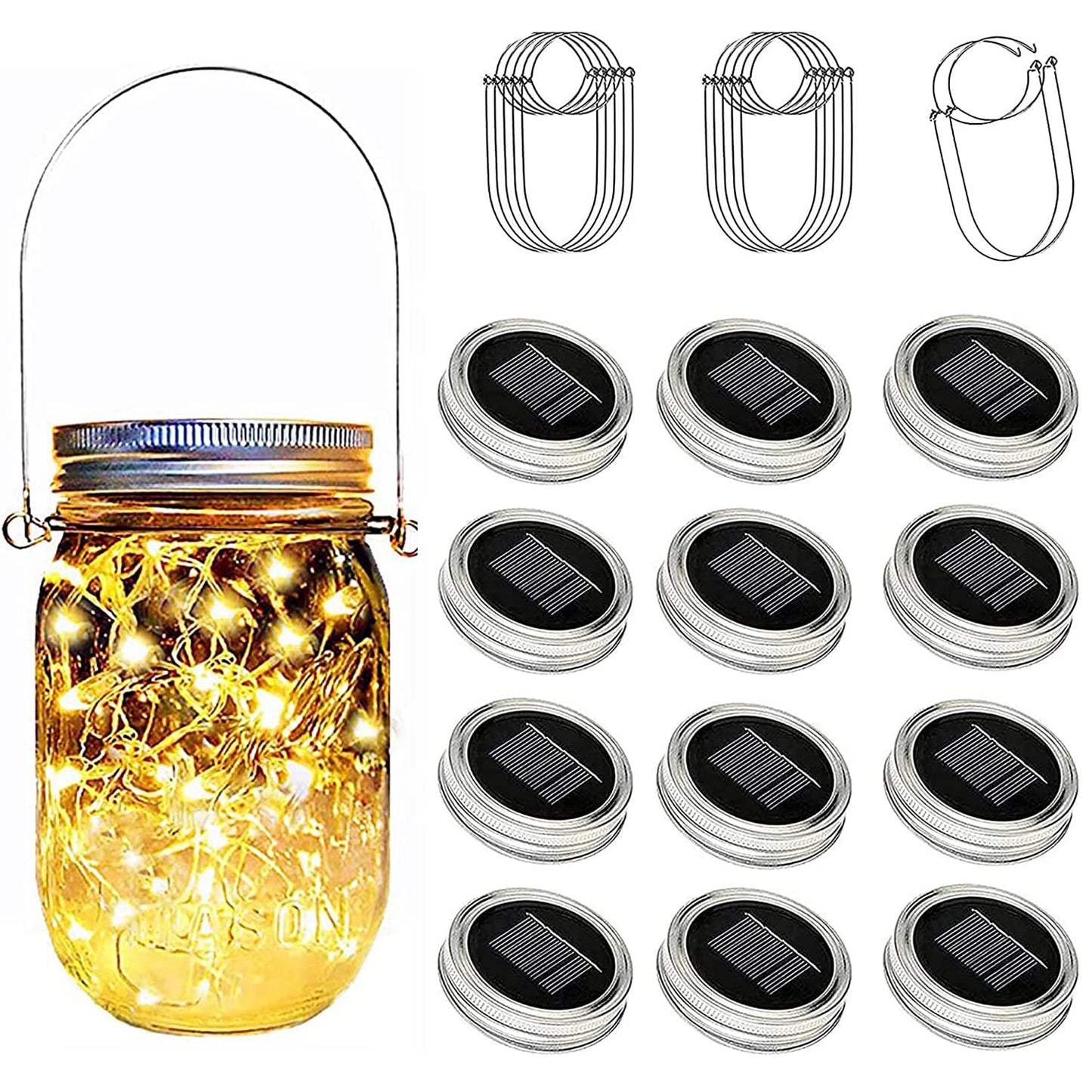 Ostritec Solar Mason Jar Lights Lids, 12 Pack 30 Led Fairy Lights(Jars Not Included), Outdoor Hanging Mason Jar Solar Lights, Fairy in a Jar Firefly