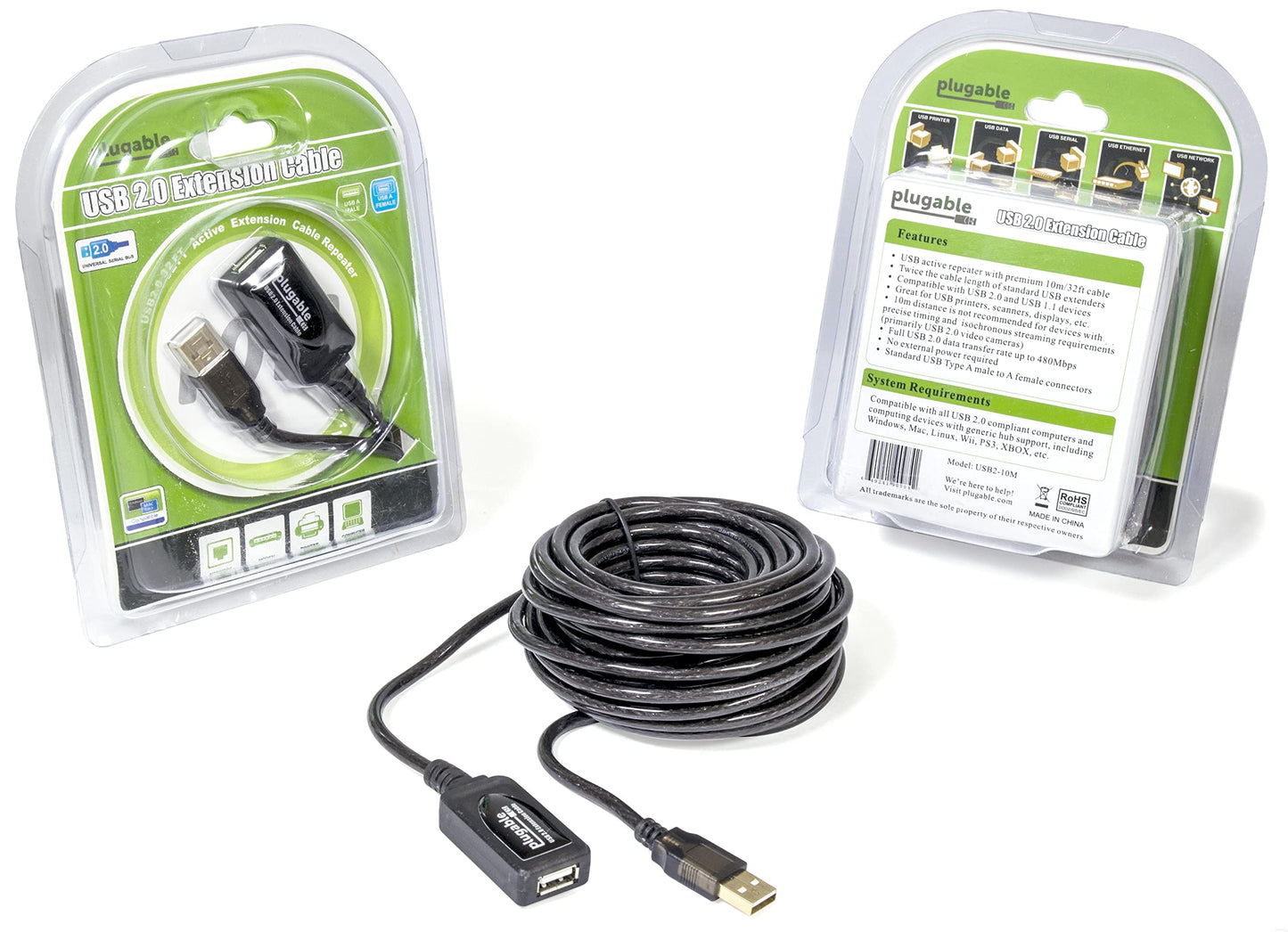 Plugable 10 Meter (32 Foot) USB 2.0 Active Extension Cable Type A Male to A Female - Driverless