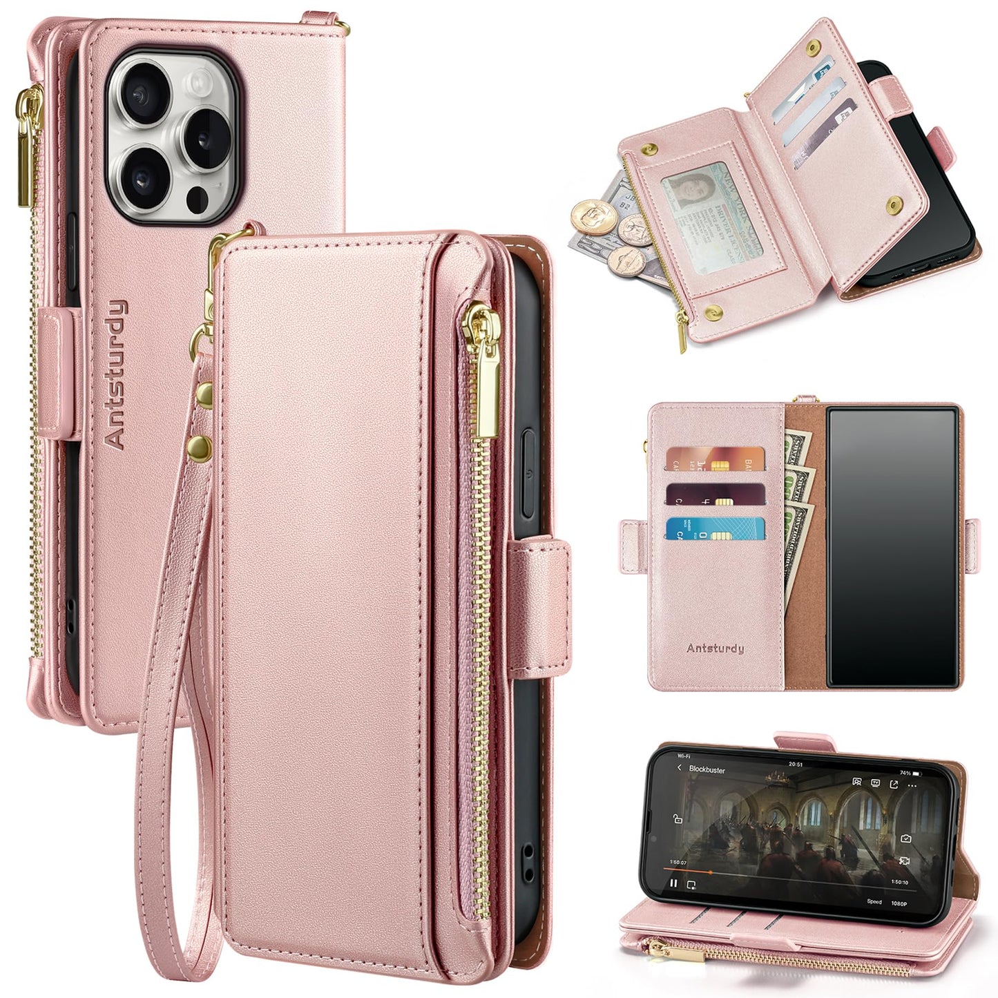 Antsturdy Compatible with iPhone 16 Pro Wallet Case,RFID Blocking PU Leather Phone Case Women Men Kickstand Flip Cover Wrist Strap Zipper Credit Card