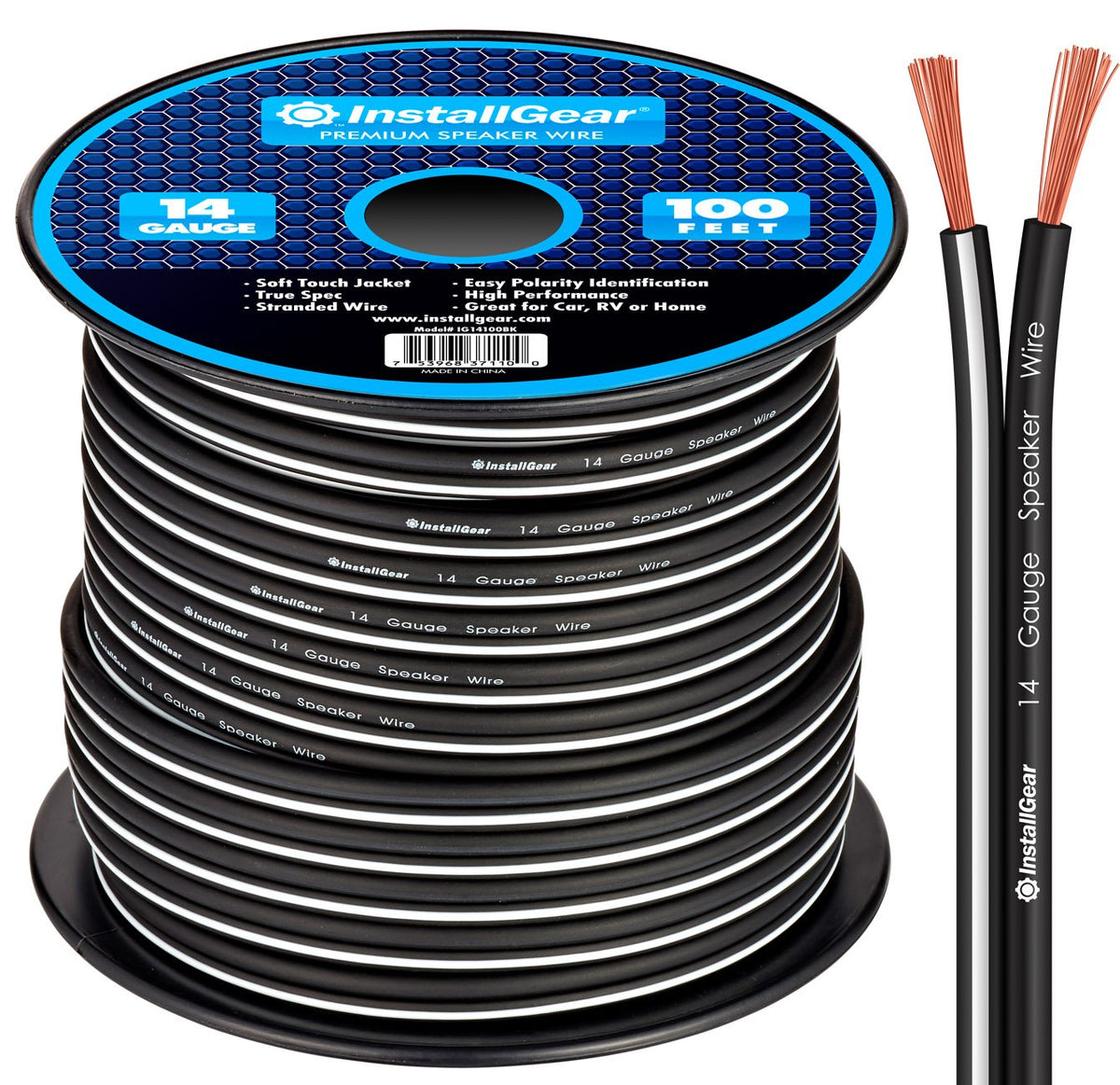 InstallGear 14 Gauge Speaker Wire - True Spec Soft Touch Cable (100ft White/Black) for Car & Home Speakers
