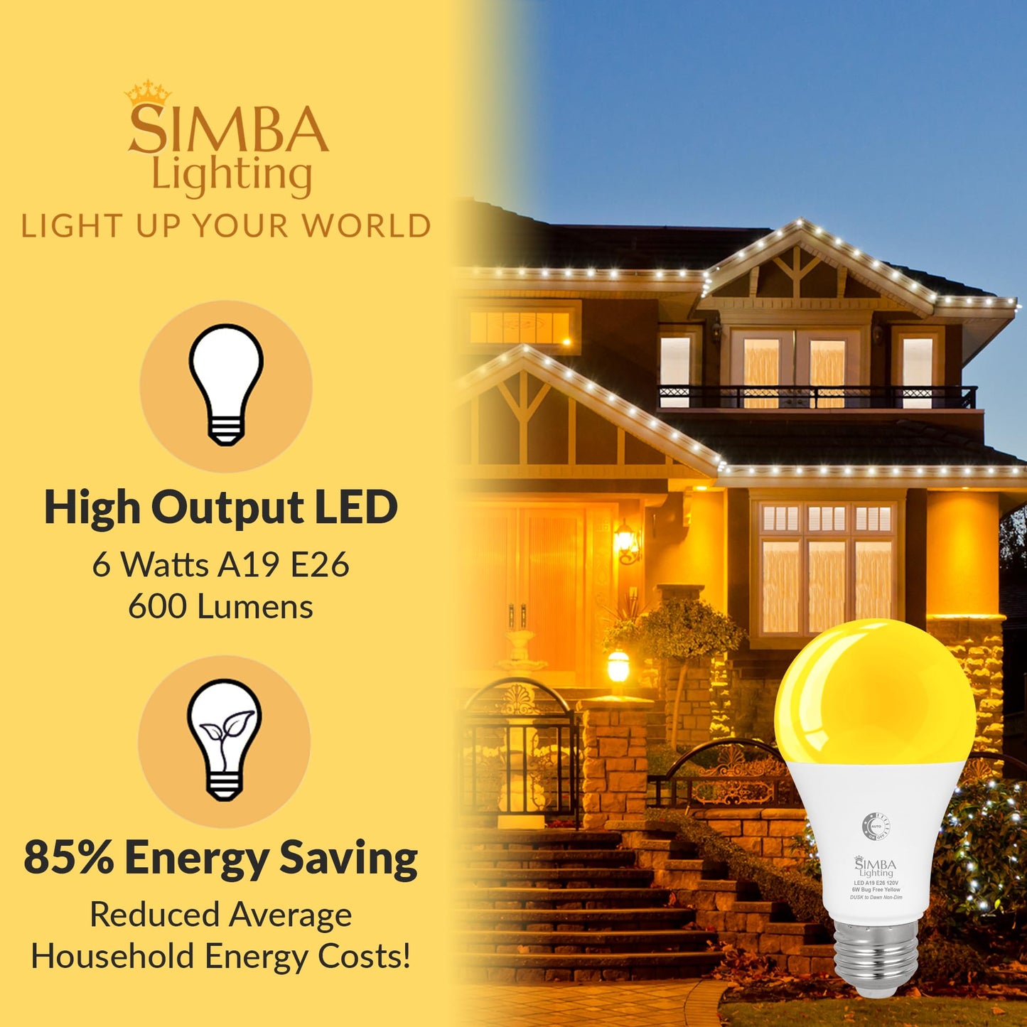 Simba Lighting LED Bug Non-Attracting A19 Yellow Dusk-to-Dawn 6W, 4 Pack
