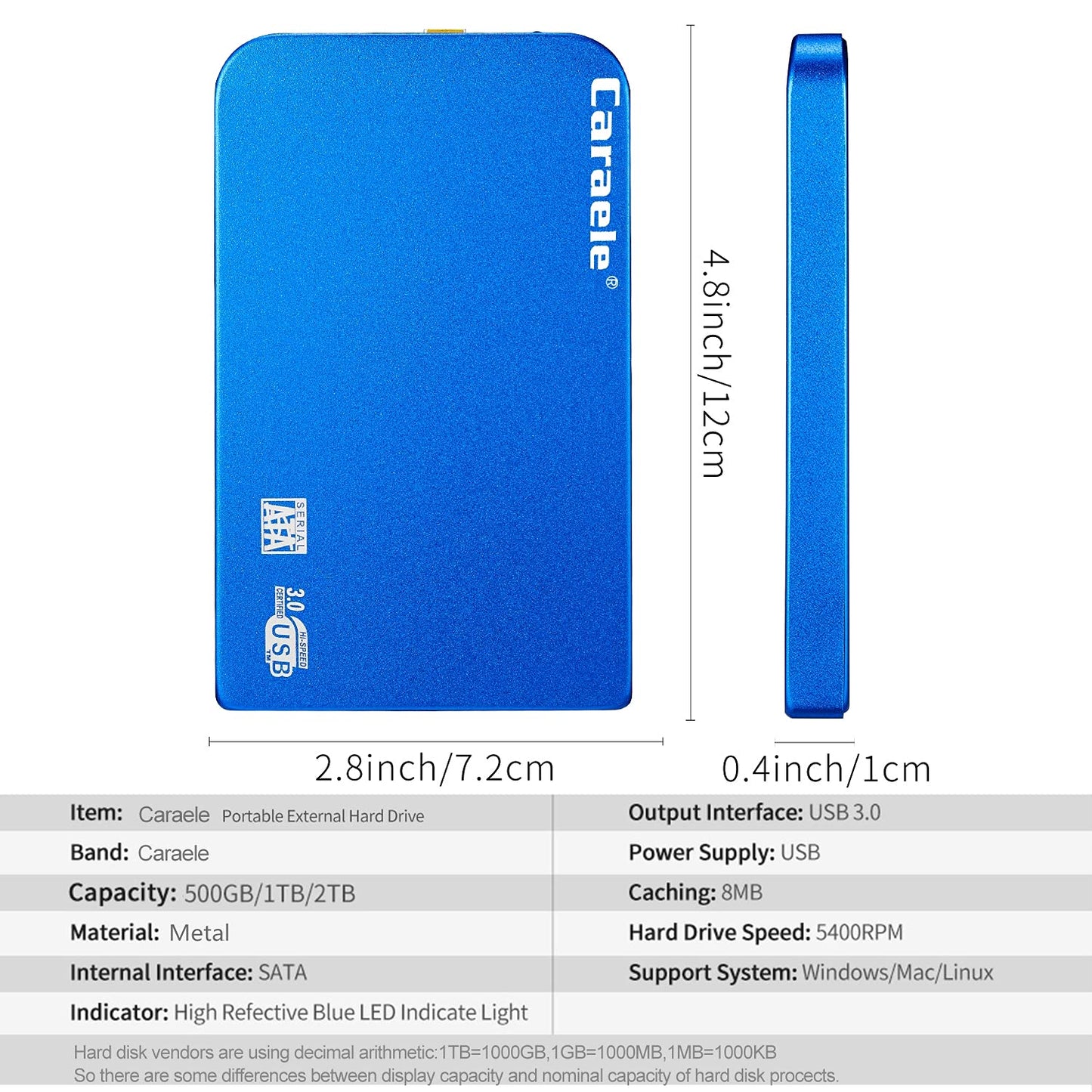 PANGQIE Portable SATA External Hard Drive HDD 500GB 1TB 2TB USB3.0 Ulra-Fast File Transfers for Windows, Mac and Linux (1TB, Blue)