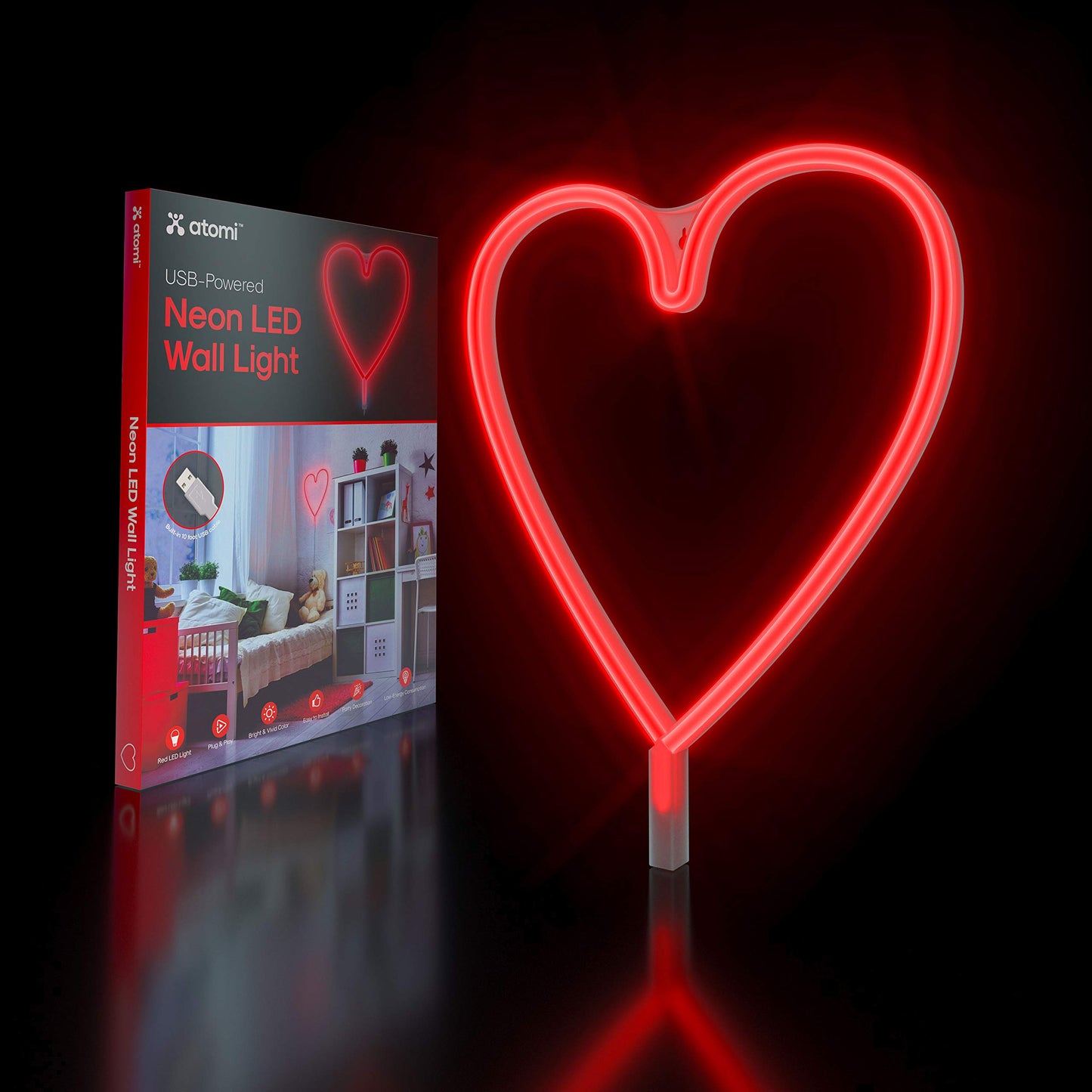 Atomi Smart Neon LED Light I Decorative Wall Art for Bedrooms, Bars & DIY Designs I USB Powered, 10 ft Cord - Red Heart