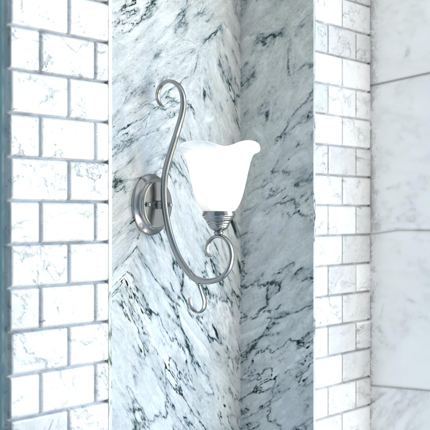 VAXCEL Bella 1-Light 7.25 inch Wide Brushed Nickel Transitional Bathroom Vanity Lighting Fixture, White Alabaster Scalloped Glass Shade, Dimmable, LED